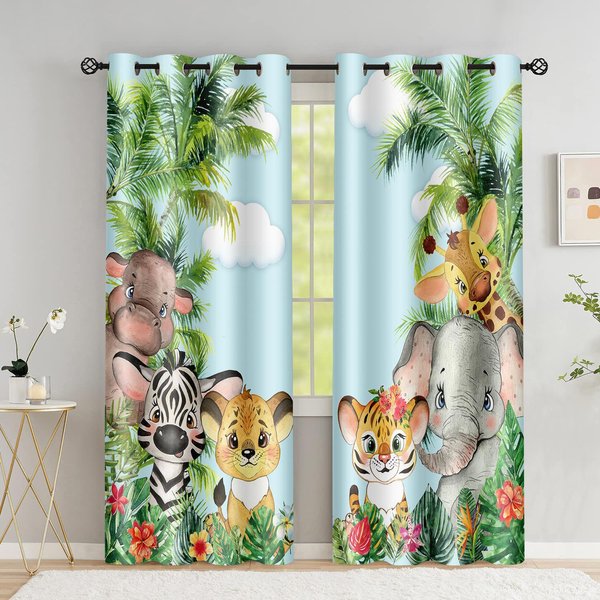 2 Piezas Cortina De Ventana Animales De Safari Dibujos Animados Selva Bosque Estampado Cortinas DecoracióN Del Hogar Cortinas Para Bebé NiñOs Dormitorio Sala De Estar W50H130(Cm)X2&Grommet Top-image
