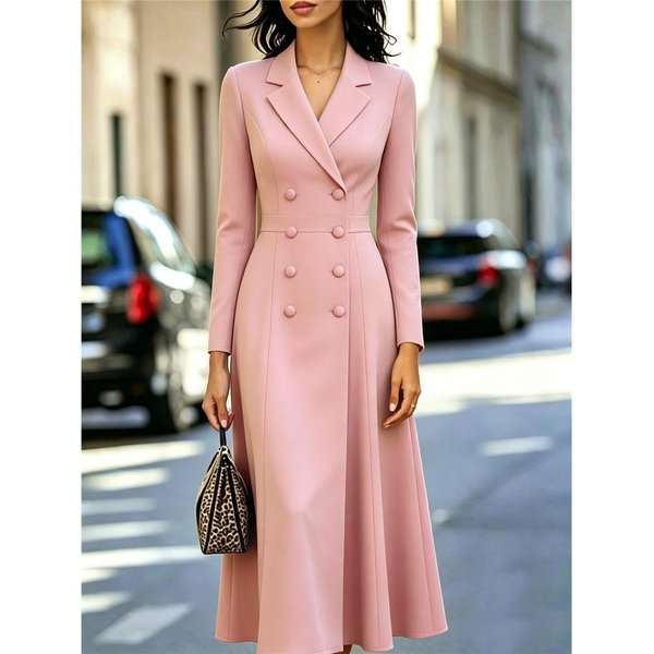 Vestido Midi Formal De Fiesta Para Mujer Con Cuello De Solapa, Doble Botonadura, Manga Larga, Cintura Entallada, Corte En A XXL-image