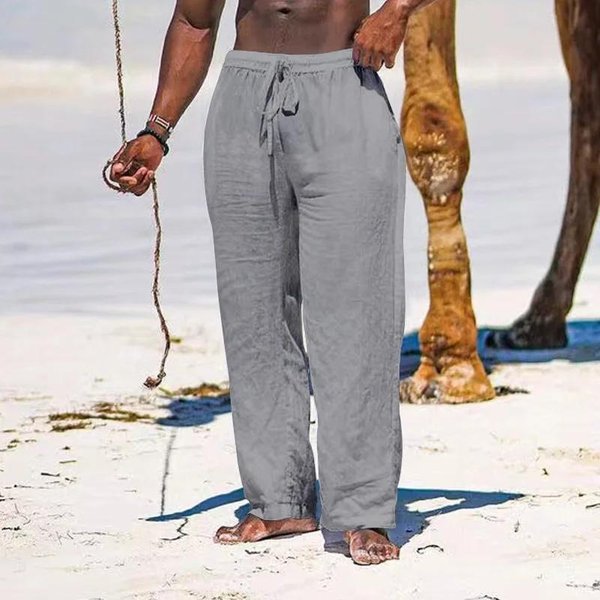 MęSkie Spodnie Lniane, BawełNiane, Na Co Dzień, LuźNe, Proste Spodnie, Lekkie Spodnie PlażOwe Ze Sznurkiem M Gray-image