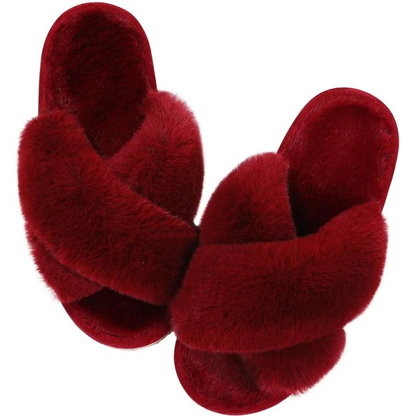 Zapatillas Planas Peludas De Moda Comwarm Para Mujer, Zapatillas De Felpa Con Banda Cruzada, Zapatillas De Casa Peludas Para Mujer, Zapatillas De Interior Antideslizantes 36-37-image