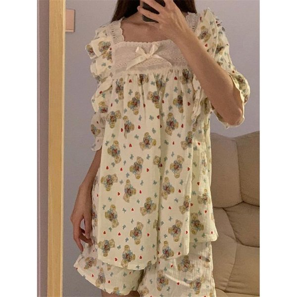 Pijama De Mujer Verano Manga Corta Conjunto De Ropa De Dormir Estampado De Oso Lindo De Dibujos Animados Pijama Mujer Conjunto De Ropa De Noche Para El Hogar Con Volantes CáRdigan XXL Beige-image