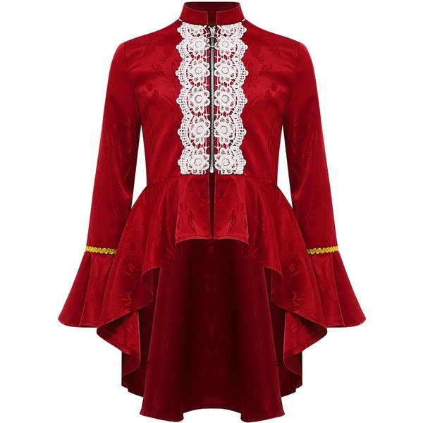 Disfraz GóTico Victoriano Para NiñAs Manga Larga Encaje Volante Chaqueta Renacentista Levita Pirata Steampunk Disfraz 11-12 Years Red-image