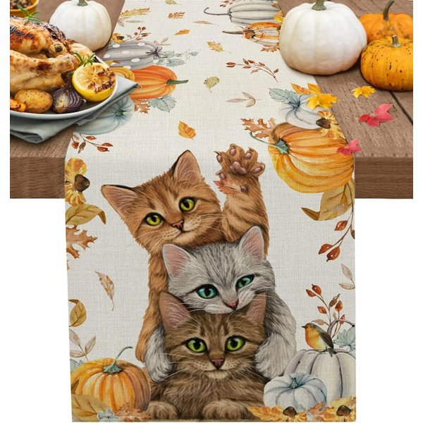 Jesienne LiśCie Klonowe Lniane BieżNiki StołOwe ŚWięTo DzięKczynienia Koty Dynia Kwiat Ptak Jesienna Chusta Na Komodę Dekoracja StołU Kuchennego I Jadalnego 150X33Cm-image
