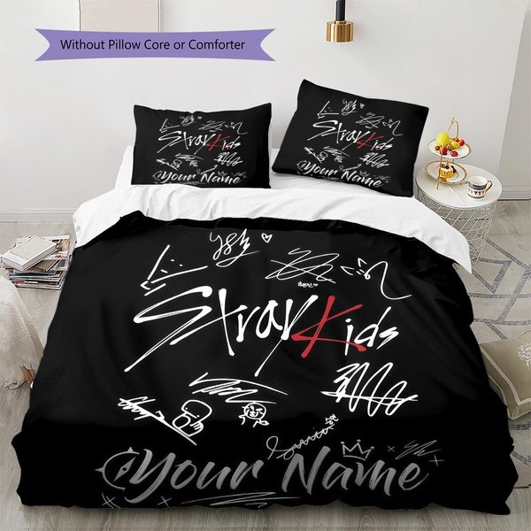 Personalizowana PośCiel Z Podpisami Stray Kids, Zestaw KołDry Poszewka Na KołDrę Poszewka Na Poduszkę Domowy Prezent Urodzinowy (1 * Poszwa Na KołDrę + 2 * Poszewki Na Poduszki, Bez Rdzenia) 155X200Cm-image
