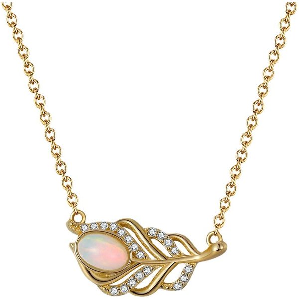 Collar De Plata De Ley S925 Piedra ÓPalo Natural Pluma Dorada Diamante Hueco JoyeríA 925 Beige-image