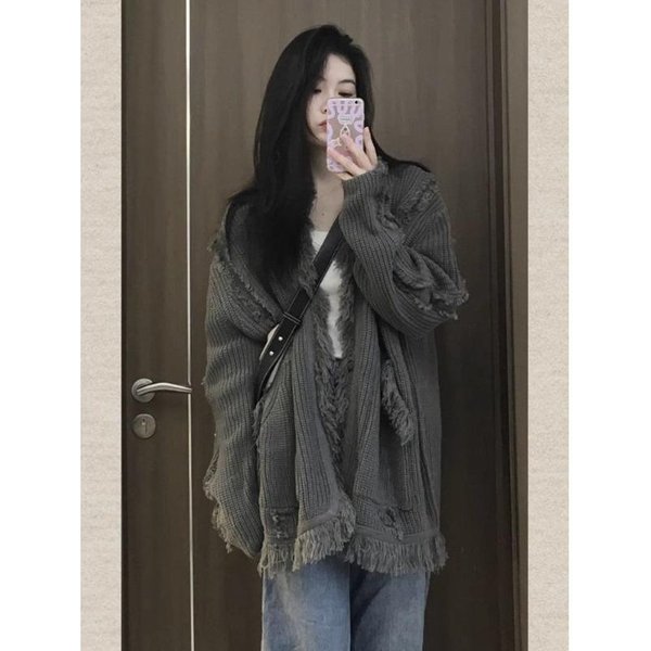 SuéTer De Punto Para Mujer OtoñO E Invierno Nuevo Estilo Estilo Perezoso Borde Crudo Borla Holgado Manga Larga CáRdigan Top Chaqueta One Size Black-image