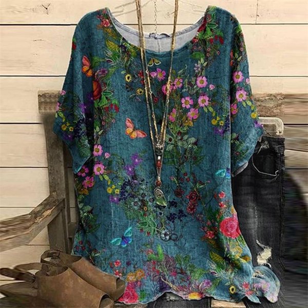 Camiseta De Verano De Cuello Redondo Con Estampado Floral Retro 3D, Camisetas De Moda Casual De Manga Corta Para Mujer De Talla Grande 5XL Gray-image