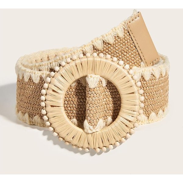 1 CinturóN De Paja Bohemio Con Hebilla Redonda Para Mujer, Para Playa, Con Hebilla ElíPtica, DecoracióN De Cuentas, CinturóN Tejido Bohemio Para Vacaciones 117Cm Beige-image