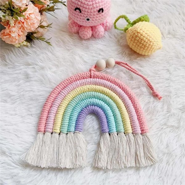 Hecho A Mano Tejido Cuerda De AlgodóN ArcoíRis Borlas Cuentas Colgantes Estilo Boho Colgante De Pared Para HabitacióN ArcoíRis DecoracióN Festiva China-image