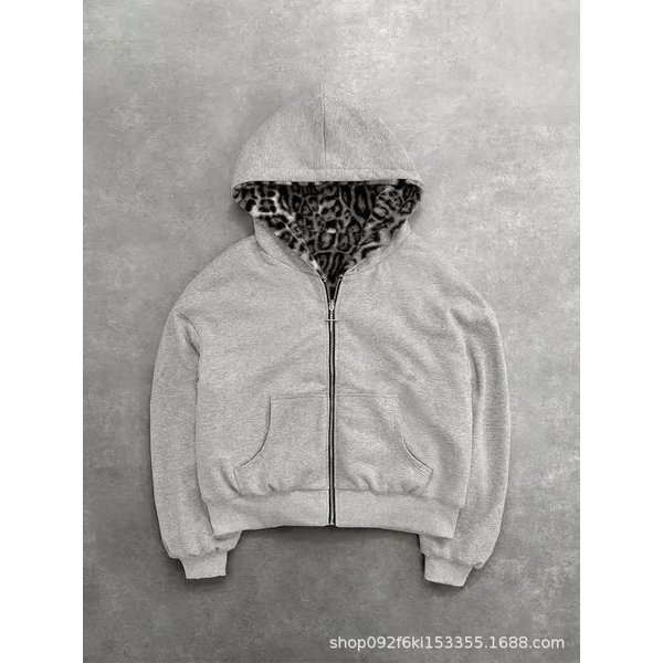Damska Bluza Z Kapturem, Z DłUgim RęKawem, Zapinana Na Zamek, LuźNy KróJ, Streetwear, Odwracana, Z Nadrukiem Pantery, Z Kieszenią, Bluza Z Kapturem, Top XL Gray-image