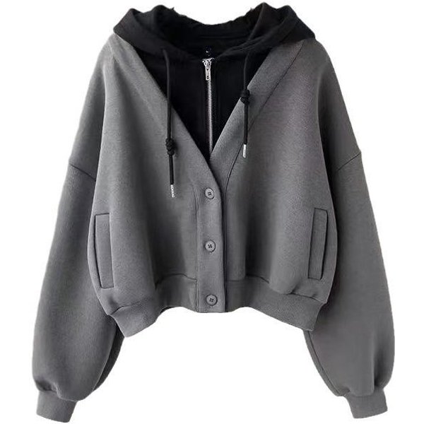 Aksamitna Pogrubiona Bluza Damska Na Jesień I Zimę Design Kardigan Z Kapturem Zapinana Na Zamek Modna LuźNa WyszczuplająCa DwuczęśCiowa 3XL-image
