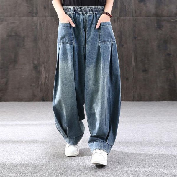 Workowate DżInsy Oversize Damskie Denim Casual Cross Pants Kobiece Spodnie Vintage Harem Spodnie Bloomers DżInsy Z Szerokimi Nogawkami M Niebieski-image