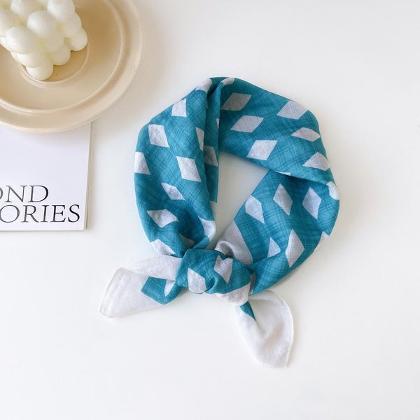 BawełNiany Szalik MałY Kwadratowy Szalik Dla Kobiet Wiosenny Turban Wszechstronny BawełNiano-Lniany Szalik Z Nadrukiem Kwiatowym Foulard Opaska Na WłOsy One Size Blue-image