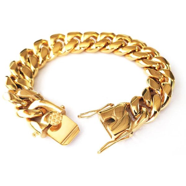 Stal Nierdzewna 316L Miami Curb KubańSka Bransoletka Hip Hop MężCzyźNi Kobiety Raper BiżUteria Akcesoria ZapięCie Na Ogniwa 18 K Bransoletka 10Mm X 22Cm ZłOty-image