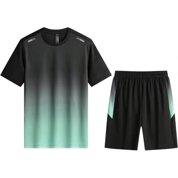 Conjunto De 2 Piezas De Ropa Deportiva Para Hombre, Camiseta De Manga Corta Con Cuello Redondo Y Cintura EláStica, Pantalones Cortos De Pierna Ancha, Conjunto De Ropa Deportiva De Color Degradado XL Verde-image