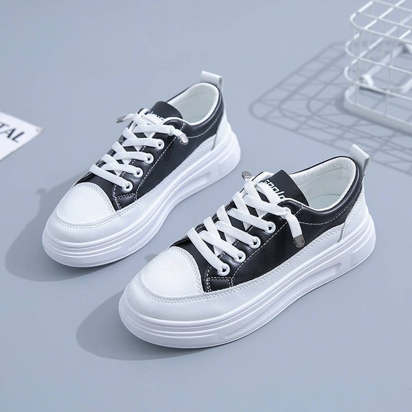 Zapatos Casuales Para Mujer, Nuevos Zapatos De Primavera, Zapatos De Tablero CóModos De Cuero, Zapatos Blancos PequeñOs, Tendencia De Moda De Estilo Coreano, Zapatos De Mujer Con Suela Gruesa 40 Negro-image