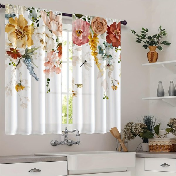 2 Piezas Modernas De Cuadros Con Estampado Digital De Girasoles Y Flores Multicolores Para DecoracióN Del Hogar, Cortina De Bolsillo Para Barra, Cortina Para Cocina Y Sala De Estar W50 X H130(Cm)X2Pcs&Grommet Top-image