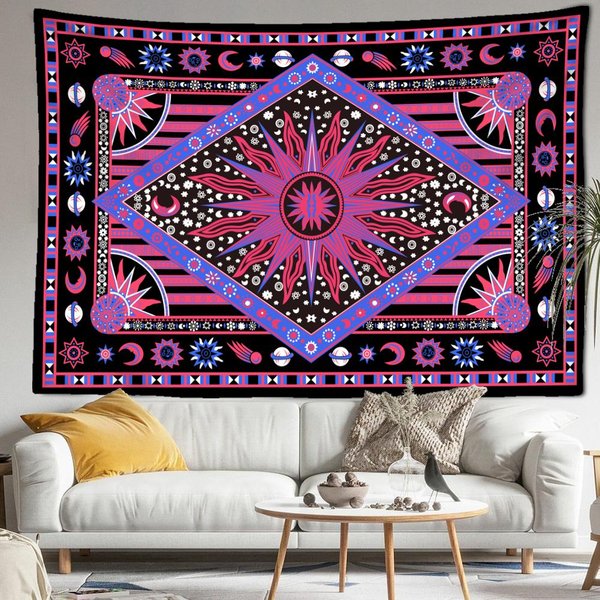 Tapiz De Tarot Sol Luna Rosa PúRpura Colgante De Pared PsicodéLico BrujeríA Estilo Bohemio Sala De Estar Dormitorio DecoracióN Del Hogar 95X70Cm Blue-image