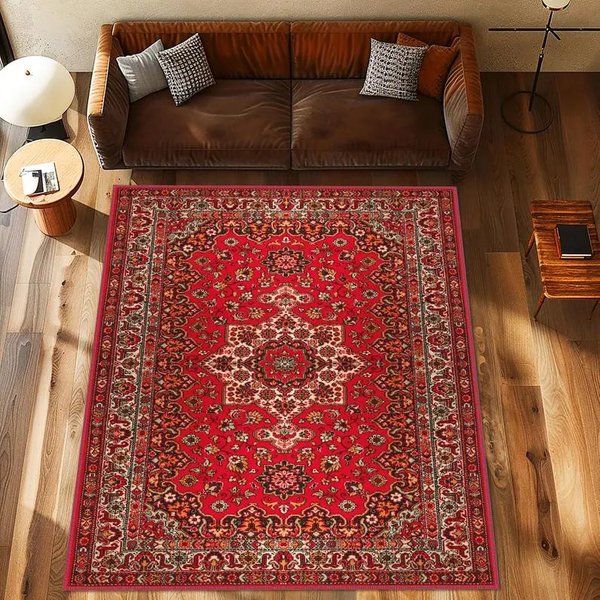 Klasyczny Czerwony Dywan Perski Tradycyjny Dywan Z Medalionem Styl Vintage Dekoracja Salonu Dywan MożNa Prać Dywan AntypośLizgowy Dekoracja Retro 80X120Cm-image