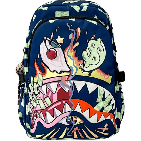 Mochila Escolar Ligera Impermeable Con TiburóN Colorido Estudiante Estampada Gran Capacidad Dibujos Animados Azul Marino-image
