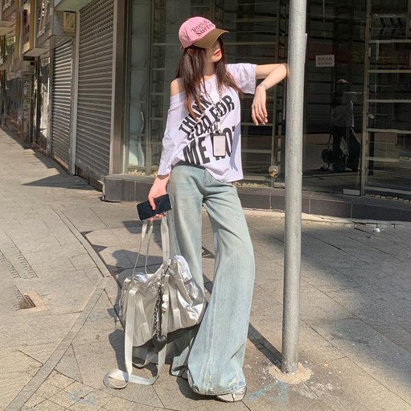 Jeans Rotos Informales Para Mujer Primavera Sueltos De Cintura Media Pierna Ancha Para Mujer Jeans De Pierna Ancha Para Mujer Jeans Rotos Para Mujer Adelgazantes XL Gray-image