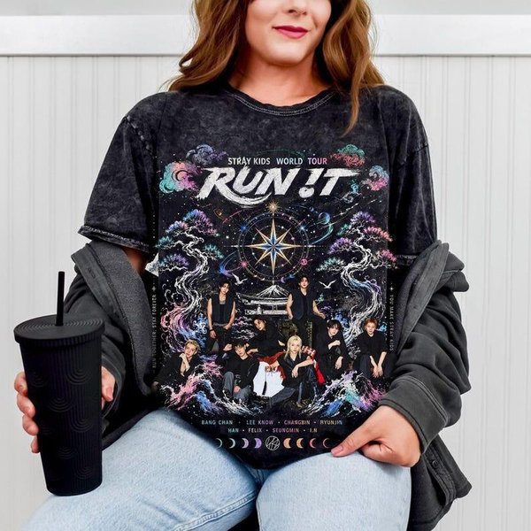 Letnia Wyprzedaż 2026-2027 Stray Kids Run It World Tour T-Shirt Acid Wash MężCzyźNi Kobiety Harajuku Hip Hop Punk LuźNy T-Shirt XXL Gray-image