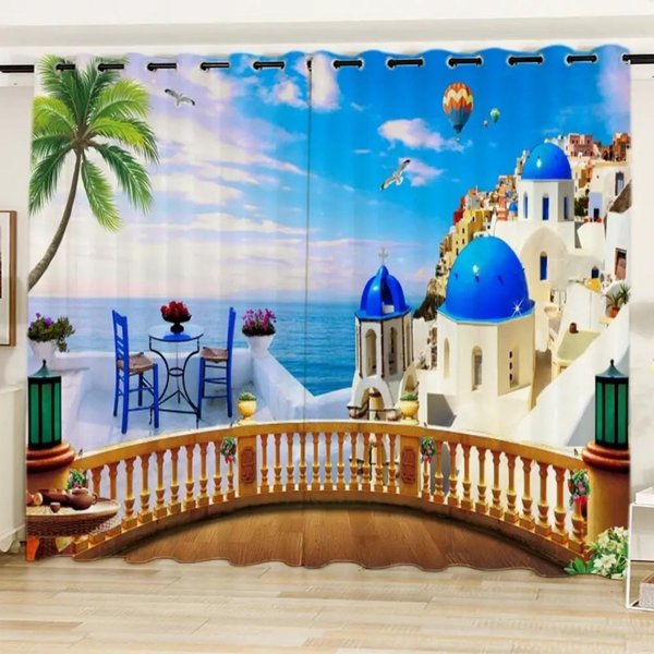 2 Piezas Cortina Estampada Estilo Paisaje De BalcóN Para DecoracióN Del Hogar Bolsillo Para Barra Tratamiento De Ventana Para Dormitorio Oficina Cocina Sala De Estar 140W160H(Cm)55X63In&Rod Pocket-image