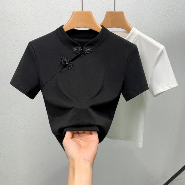 Camiseta De Manga Corta Para Mujer, Nueva Camiseta De AlgodóN De Color Liso Con Cuello Alto Retro De Verano Para Mujer, Top De Estilo Antiguo Con Tapeta Inclinada 3XL-image