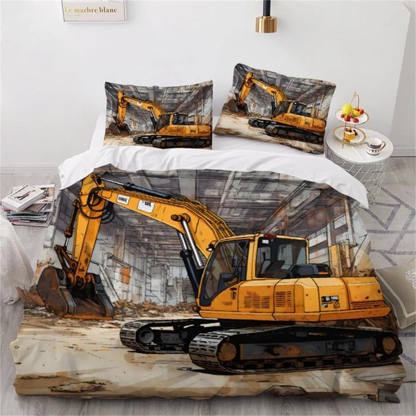 Ropa De Cama Excavadora Para NiñOs Funda NóRdica Cama King VehíCulos De ConstruccióN De IngenieríA Excavadora Juego De Funda NóRdica Para NiñOs Con Funda De Almohada 140X200Cm-image