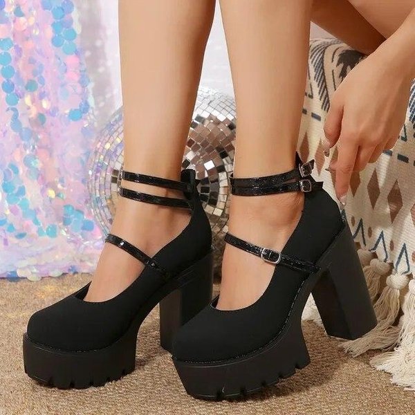 Zapatos De TacóN Grueso Rosa Con Correa En El Tobillo, Plataforma Dulce, TacóN Cuadrado, Zapatos De TacóN Alto Para Mujer, Zapatos De Plataforma, Zapatos De Primavera Para Mujer 39 Negro-image