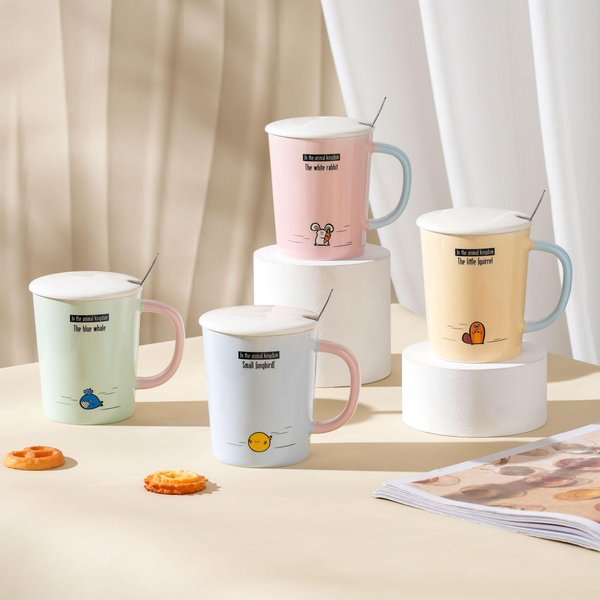 Taza CeráMica Animal Lindo Con Tapa Y Cuchara Taza Dibujos Animados Estudiante Alta Apariencia Gran Capacidad Resistencia Alta Temperatura 350ML-image