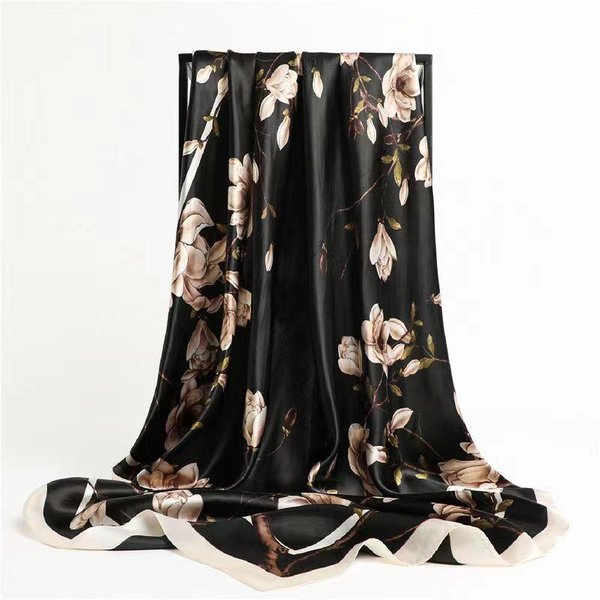 Bufanda Elegante Cuadrada De SatéN De Seda De ImitacióN Para Mujer, Chal Envolvente Con Flores, PañUelo Para La Cabeza Que Combina Con Todo, Chal De Gasa Con ProteccióN Solar-image