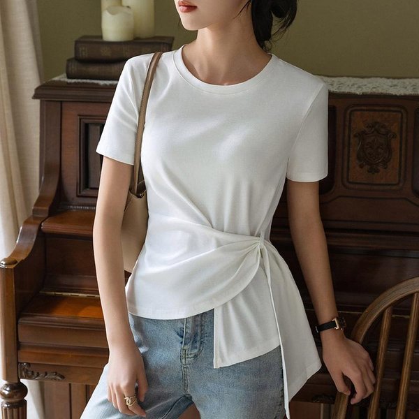Camiseta De Manga Corta Para Mujer Verano Nueva Camiseta De AlgodóN De Color Liso Con Cuello Redondo Top Con Tirante Irregular En La Cintura 2XL Blanco-image