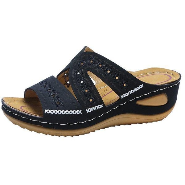 Sandalias De CuñA De Verano Para Mujer, Sandalias OrtopéDicas De Punta Abierta De Primera Calidad, Zapatos Retro De Plataforma Informales De Cuero Antideslizantes Vintage Para Mujer 42 Negro-image