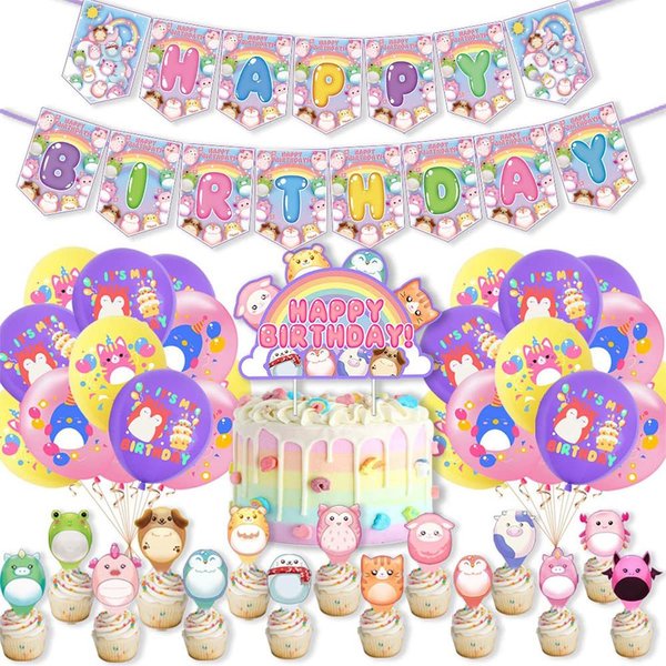 37 Piezas De Decoraciones De Fiesta Squish Mallows Incluyen Globo De Pancarta Para DecoracióN De Tartas.-image