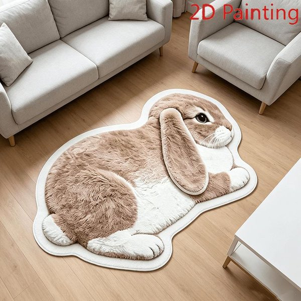 LeżąCy KróLik Z KlapnięTymi Uszami Dywanik 2D Nadruk Z Sztucznego Futra AntypośLizgowy Nieregularny Salon Sypialnia Urocze Zwierzę Mata PodłOgowa Dom 50X80Cm 20X31Inch-image
