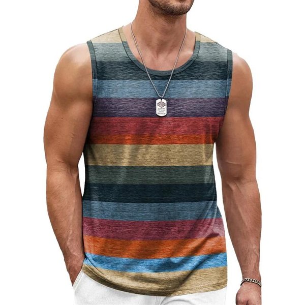 Letni T-Shirt Z OkrąGłYm Dekoltem, Kolorowym Nadrukiem Graficznym 3D W Stylu Retro W Paski, Modna, Codzienna Kamizelka Bez RęKawóW MęSka Xl-image