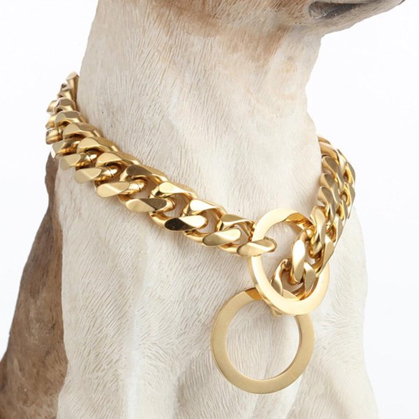 Collar De Acero Inoxidable Premium De 15 MM Para Perro Cadena Dorada Elegante EslabóN Cubano Cadena P Duradera De Entrenamiento Para Perros Grandes Doberman Pitbull Rottweiler 16Inch (41Cm) -15MM-image