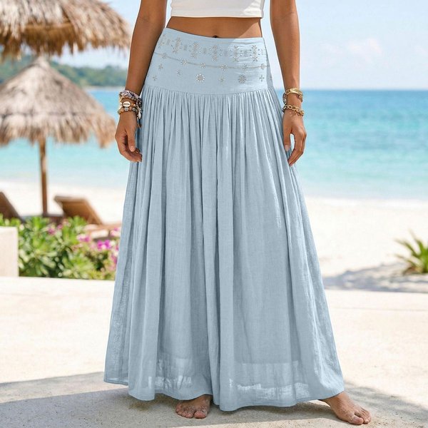 Falda Larga Maxi De Cintura Alta Para Mujer Estilo Boho Cintura EláStica Falda Larga Plisada Tejido Ligero Y Fluido Ropa De Verano XL-image