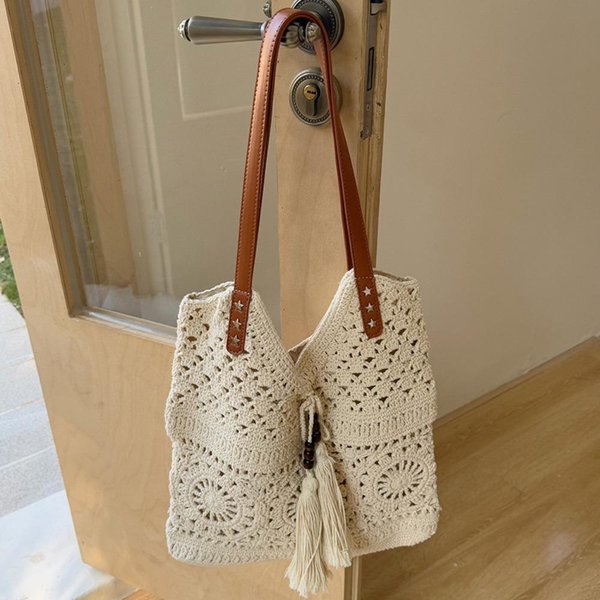 Modna Boho Torba SzydełKowa Torba Tote Wycinana DużA Pojemność Torba Boho Pleciona Etniczna Torba Na Ramię PlażOwa PlażOwa BeżOwy-image