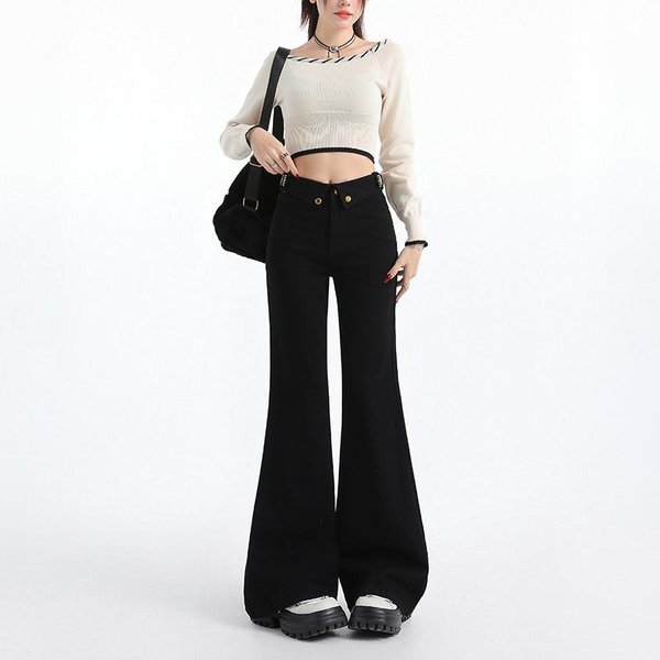 DżInsy Z Wysokim Stanem, Lekko Rozszerzane, Dla Kobiet, Na Wiosnę, Spodnie Bez Nogawek Dzwony, Dla Kobiet, Lekko Rozszerzane Spodnie, Dla Kobiet, WyszczuplająCe I LuźNe 2XL White-image