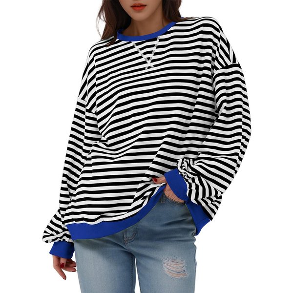 Camiseta Deportiva Minimalista De Mujer Oversize A Rayas Con Bloques De Color De Manga Larga Y Cuello Redondo, Camiseta PulóVer Casual De Corte Holgado L Black-image