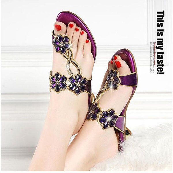 Sandalias Bohemianas Con PedreríA Para Mujer Verano Tacones Altos Sandalias Gladiadoras Para Mujer Slip-On Chanclas De Playa Chanclas Zapatos 33 PúRpura-image
