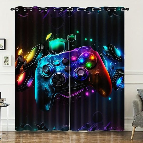 2 Piezas Mango De Juego Controlador Gamepad Cortinas Para NiñOs Tratamiento De Ventana Para Dormitorio Oficina Cocina Sala De Estar DecoracióN Del Hogar W60H60(Cm)X2Pcs&Hook-image