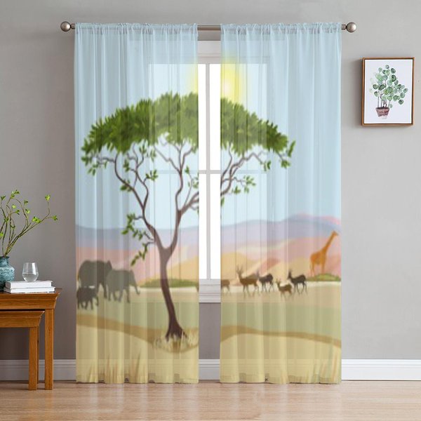 Cortinas Transparentes De Tul Con Paisaje Idealista De MontañA Africana Para DecoracióN De SalóN, Dormitorio, Cocina, Cortinas De Voile Y Organza 135W X 114H(Cm) White-image
