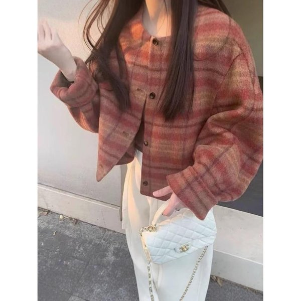 Abrigo De Lana Con Estampado Estilo Coreano Para Mujer, Nuevo Abrigo Corto De Lana A Cuadros Rojos Para OtoñO E Invierno. M Rojo-image