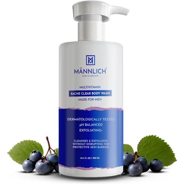 Gel De Ducha Mannlich Con ÁCido SalicíLico Al 2% Para El Acné Corporal Masculino (300 Ml) - Gel De Ducha Corporal Bacne Clear Para Hombres - 3% Niacinamida Previene El Acné Corporal, Exfolia Y No Gray-image