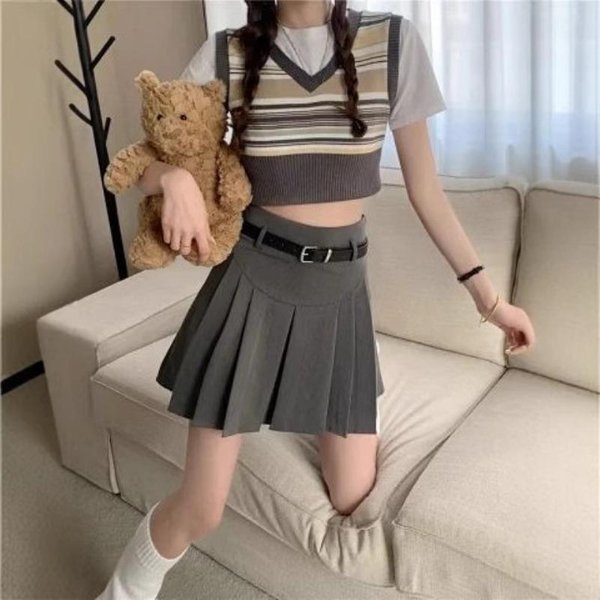 Falda De Traje Sensual De Cintura Alta Para Mujer Con Falda Plisada Lisa De Verano Delgada Para PequeñA VersáTil Reductora De Edad Falda Corta De LíNea A XL Gris-image