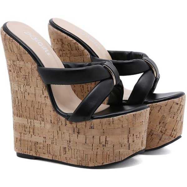 Letnie Super Wysokie Obcasy Koturny Damskie Kapcie Modne SandałY Na Platformie Z Odkrytymi Palcami Buty Na Imprezę 38 Czarny-image