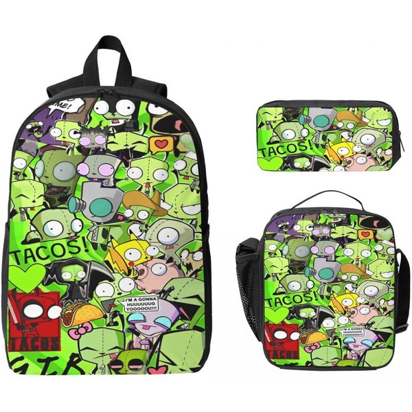 Zestaw 3 PlecakóW Anime Invader Zim Dla DziewcząT I ChłOpcóW, PióRniki, Zestawy PlecakóW Z Pojemnikiem Na Lunch Dla UcznióW, Plecaki Na Co Dzień-image